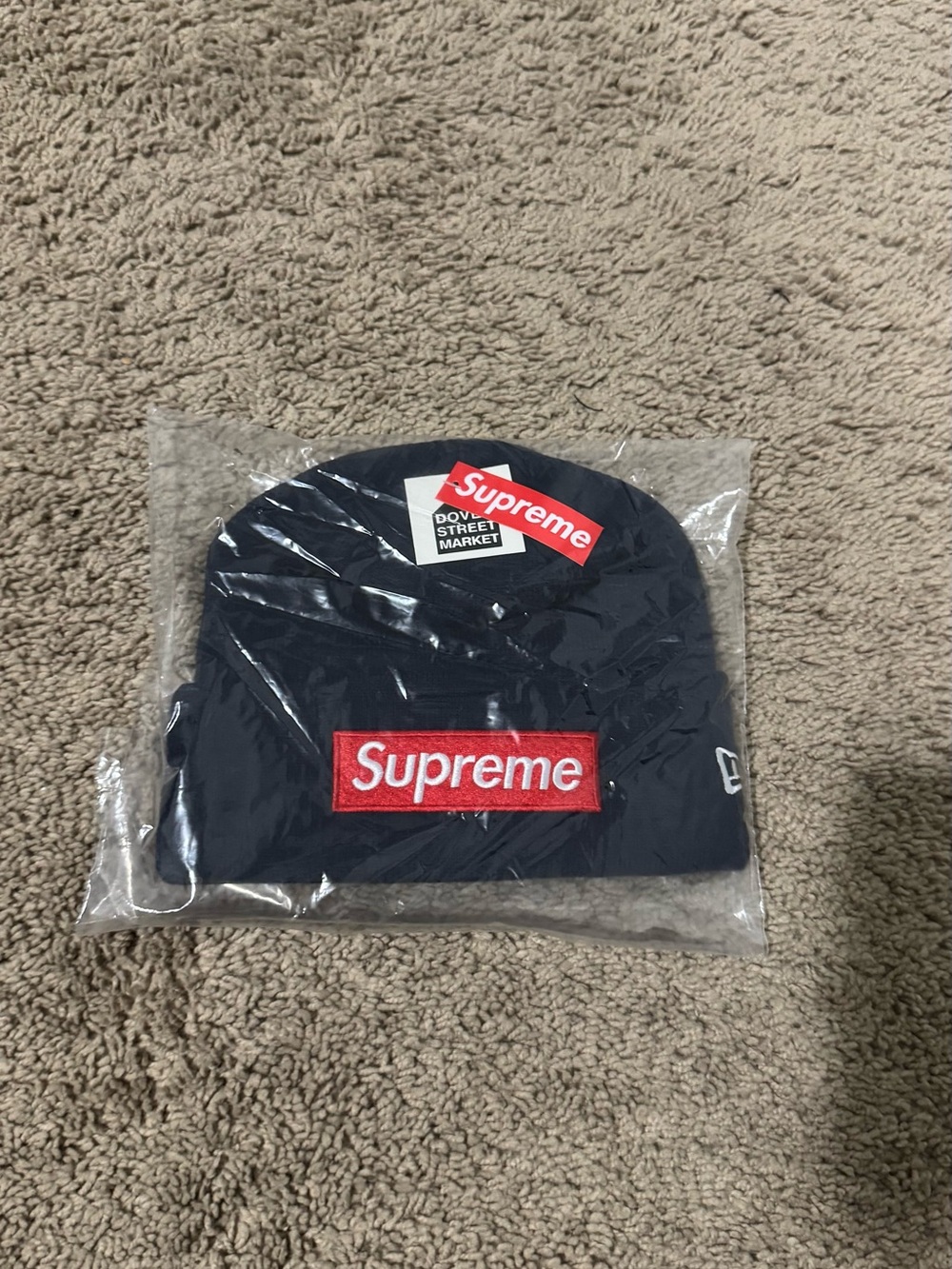 Supreme Navy Beanie with Red Box Logo